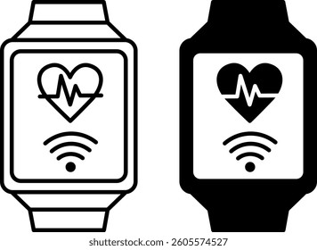 Smart Watch Icons. Black and White Vector Illustration. Internet Watch for Measuring Pulse. Heartbeat. Healthy Lifestyle. Technology and Medicine Concept