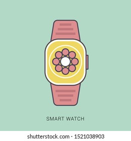 Smart watch with icons, flat concept. solid color with outline concept.