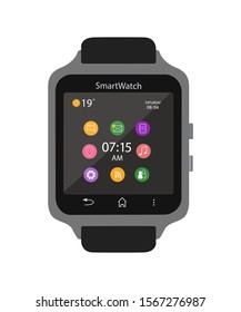 Smart watch with icons isolated on white background. Vector illustration