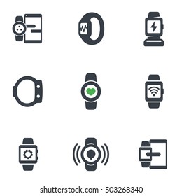 Smart Watch Icons Isolated On White, Fitness Tracker, Synchronization With Phone, Wearable Devices, Charging Station, Vector Illustration