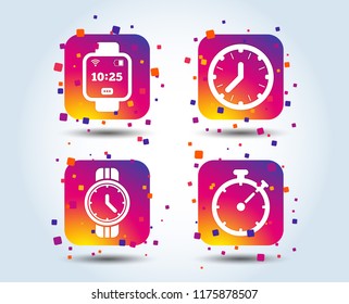 Smart watch icons. Mechanical clock time, Stopwatch timer symbols. Wrist digital watch sign. Colour gradient square buttons. Flat design concept. Vector
