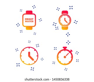 Smart watch icons. Mechanical clock time, Stopwatch timer symbols. Wrist digital watch sign. Random dynamic shapes. Gradient time icon. Vector