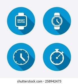 Smart watch icons. Mechanical clock time, Stopwatch timer symbols. Wrist digital watch sign. Circle concept web buttons. Vector