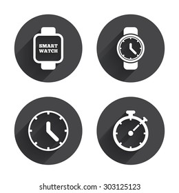 Smart watch icons. Mechanical clock time, Stopwatch timer symbols. Wrist digital watch sign. Circles buttons with long flat shadow. Vector