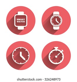 Smart watch icons. Mechanical clock time, Stopwatch timer symbols. Wrist digital watch sign. Pink circles flat buttons with shadow. Vector