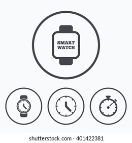 Smart watch icons. Mechanical clock time, Stopwatch timer symbols. Wrist digital watch sign. Icons in circles.