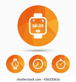 Smart watch icons. Mechanical clock time, Stopwatch timer symbols. Wrist digital watch sign. Triangular low poly buttons with shadow. Vector