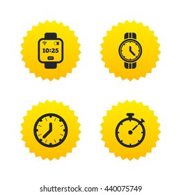Smart watch icons. Mechanical clock time, Stopwatch timer symbols. Wrist digital watch sign. Yellow stars labels with flat icons. Vector