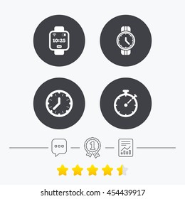Smart watch icons. Mechanical clock time, Stopwatch timer symbols. Wrist digital watch sign. Chat, award medal and report linear icons. Star vote ranking. Vector