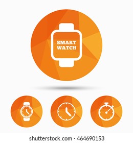 Smart watch icons. Mechanical clock time, Stopwatch timer symbols. Wrist digital watch sign. Triangular low poly buttons with shadow. Vector