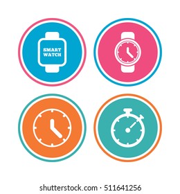 Smart watch icons. Mechanical clock time, Stopwatch timer symbols. Wrist digital watch sign. Colored circle buttons. Vector