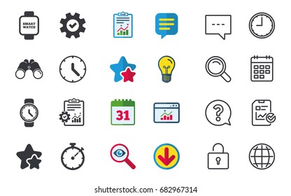 Smart watch icons. Mechanical clock time, Stopwatch timer symbols. Wrist digital watch sign. Chat, Report and Calendar signs. Stars, Statistics and Download icons. Question, Clock and Globe. Vector