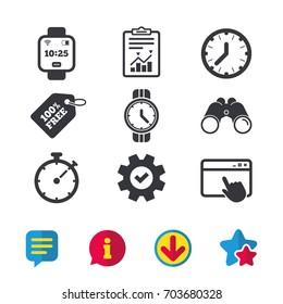 Smart watch icons. Mechanical clock time, Stopwatch timer symbols. Wrist digital watch sign. Browser window, Report and Service signs. Binoculars, Information and Download icons. Stars and Chat