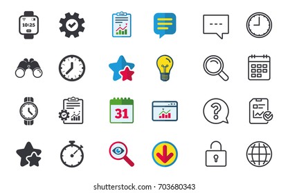 Smart watch icons. Mechanical clock time, Stopwatch timer symbols. Wrist digital watch sign. Chat, Report and Calendar signs. Stars, Statistics and Download icons. Question, Clock and Globe. Vector