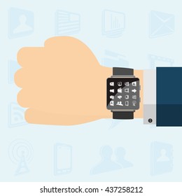Smart watch with icons on hand, illustration.