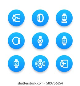 smart watch icons set, wearable devices, gadgets, fitness tracker, data synchronization, charging station, vector illustration