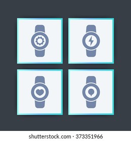 Smart watch icons, smartwatch settings, smart watch charge, fitness app, wearable electronics square icons, vector illustration