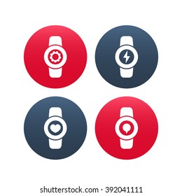 Smart watch icons, smartwatch settings, smart watch charge, fitness app, wearable electronics, smart watch round icons on white, 