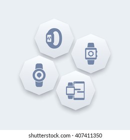 Smart watch icons, smartwatch vector, fitness tracker, smart watch data synchronization, wearable technology octagon icons, vector illustration