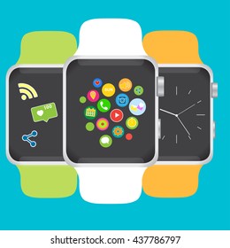 Smart watch with icons. Vector illustration.