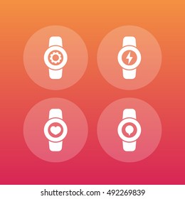 Smart watch icons, wearable electronics, smartwatch settings, charge, fitness app, vector illustration
