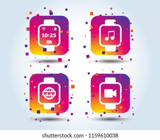 Smart watch icons. Wrist digital time watch symbols. Music, Video, Globe internet and wi-fi signs. Colour gradient square buttons. Flat design concept. Vector