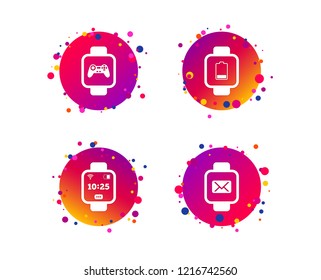 Smart watch icons. Wrist digital time watch symbols. Mail, Game joystick and wi-fi signs. Gradient circle buttons with icons. Random dots design. Vector