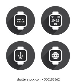 Smart watch icons. Wrist digital time watch symbols. USB data, Globe internet and wi-fi signs. Circles buttons with long flat shadow. Vector