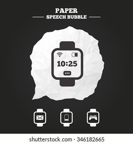 Smart watch icons. Wrist digital time watch symbols. Mail, Game joystick and wi-fi signs. Paper speech bubble with icon.