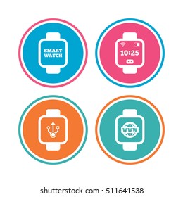 Smart watch icons. Wrist digital time watch symbols. USB data, Globe internet and wi-fi signs. Colored circle buttons. Vector