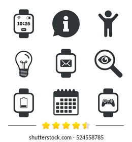 Smart watch icons. Wrist digital time watch symbols. Mail, Game joystick and wi-fi signs. Information, light bulb and calendar icons. Investigate magnifier. Vector