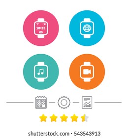 Smart watch icons. Wrist digital time watch symbols. Music, Video, Globe internet and wi-fi signs. Calendar, cogwheel and report linear icons. Star vote ranking. Vector