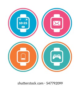 Smart watch icons. Wrist digital time watch symbols. Mail, Game joystick and wi-fi signs. Colored circle buttons. Vector