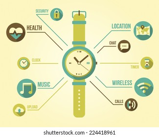 Smart watch illustration with lots of application icons