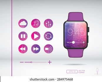Smart watch illustration and media app icons with low poly background screen - Vector design concept