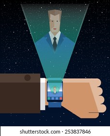 Smart Watch Illustration. Vector illustration. Smart Watch on hand. Talk business partners. Watch future with hologram. Each layer has its own name.