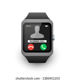 Smart watch with incoming call notification on the screen. Vector illustration of smartwatch icon on white background