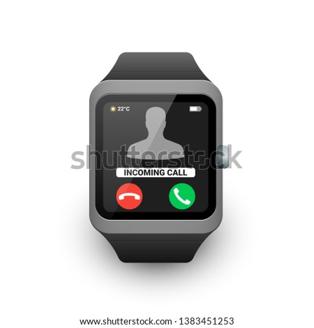 Smart watch with incoming call notification on the screen. Vector illustration of smartwatch icon on white background
