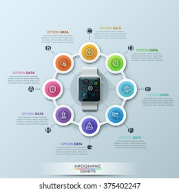 Smart Watch Infographic Cycle Design Template. Can be used for workflow layout, diagram, number, step up options, web design, presentation.