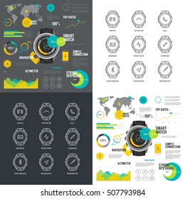 Smart watch infographic illustration. Modern web smart watch gadget thin line icons. Simple mono outline smart functions digital clock symbol collection. Chart infographics vector pictogram pack.