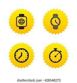 Smart watch with internet icons. Mechanical clock time, Stopwatch timer symbols. Wrist digital watch sign. Yellow stars labels with flat icons. Vector