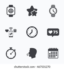 Smart watch with internet icons. Mechanical clock time, Stopwatch timer symbols. Wrist digital watch sign. Flat talking head, calendar icons. Stars, like counter icons. Vector