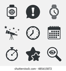 Smart watch with internet icons. Mechanical clock time, Stopwatch timer symbols. Wrist digital watch sign. Attention, investigate and stars icons. Telescope and calendar signs. Vector