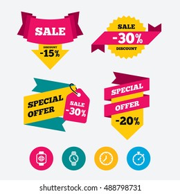 Smart watch with internet icons. Mechanical clock time, Stopwatch timer symbols. Wrist digital watch sign. Web stickers, banners and labels. Sale discount tags. Special offer signs. Vector