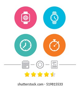 Smart watch with internet icons. Mechanical clock time, Stopwatch timer symbols. Wrist digital watch sign. Calendar, cogwheel and report linear icons. Star vote ranking. Vector
