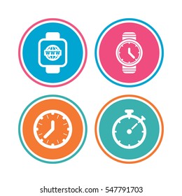Smart watch with internet icons. Mechanical clock time, Stopwatch timer symbols. Wrist digital watch sign. Colored circle buttons. Vector