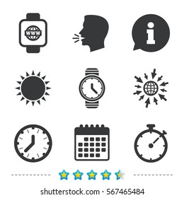 Smart watch with internet icons. Mechanical clock time, Stopwatch timer symbols. Wrist digital watch sign. Information, go to web and calendar icons. Sun and loud speak symbol. Vector