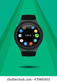 Smart watch isolated. Computer new technology. Cartoon and flat style. Vector Illustration. Green background. Light effect.
