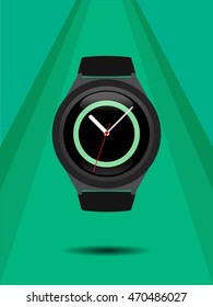 Smart watch isolated. Computer new technology. Cartoon and flat style. Vector Illustration. Green background. Light effect.