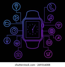 Smart watch isolated with functions icons on black background. Vector illustration.
